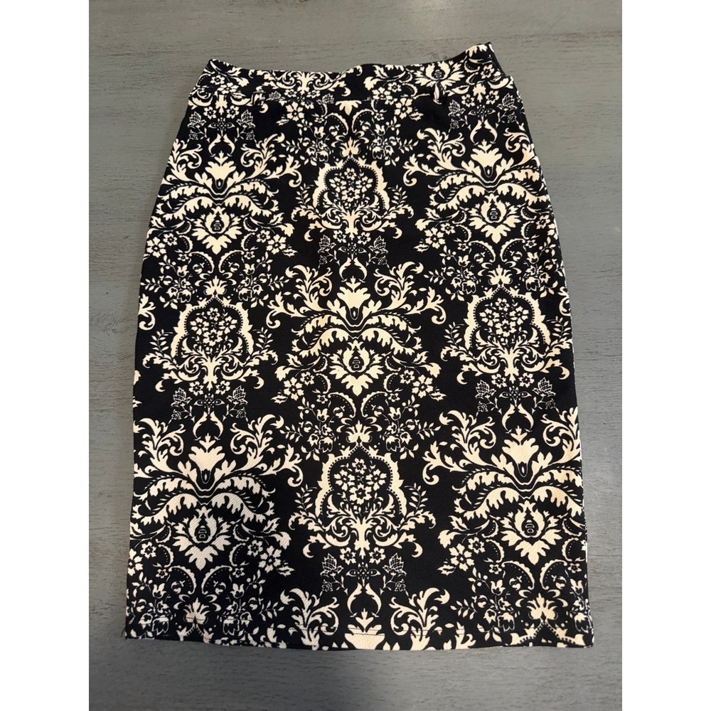 Fashion Magazine Damask Pencil Skirt Black Cream Scroll Print Size Large L